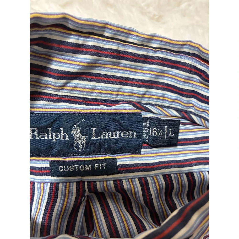 Polo Ralph Lauren Mens Custom Fit Striped Button Down Shirt Blue Red L 16.5